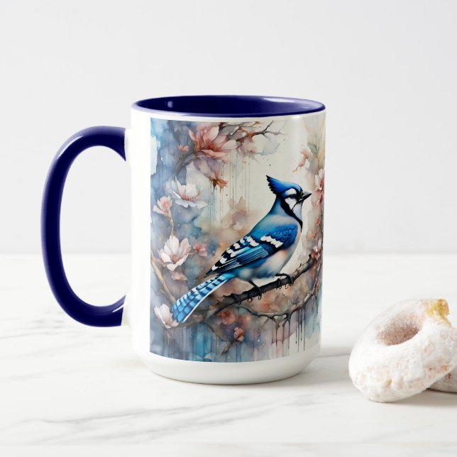 Blue Jay Cherry Blüten Wasserfarbe Tasse (Mit Donut)