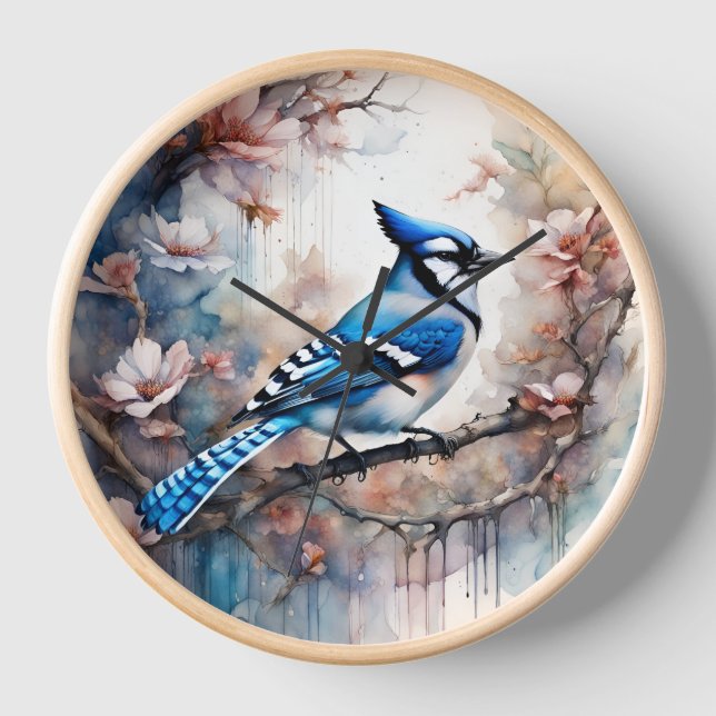 Blue Jay Cherry Blüten Wasserfarbe Uhr (Vorderseite)