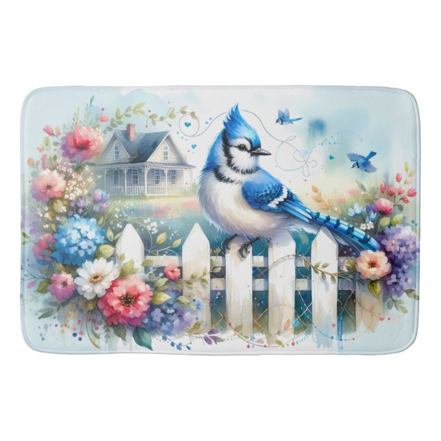 Blue Jay Cottage Garden Fence Scene Badematte (Vorderseite)