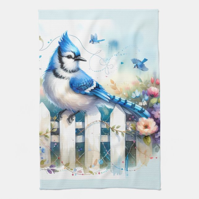Blue Jay Cottage Garden Fence Scene Geschirrtuch (Vertikal)
