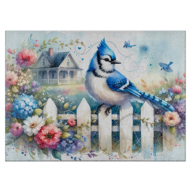 Blue Jay Cottage Garden Fence Scene Schneidebrett (Vorderseite)