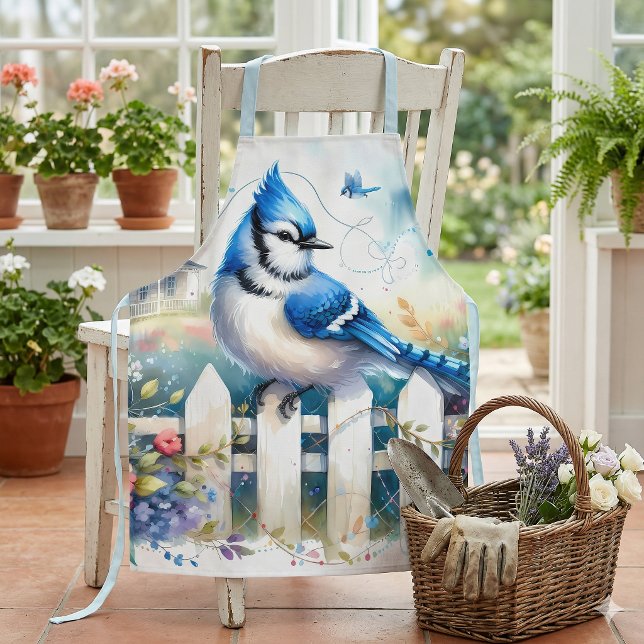 Blue Jay Cottage Garden Fence Scene Schürze (Blue Jay Cottage Garden Fence Scene Apron Hung Over Chair)