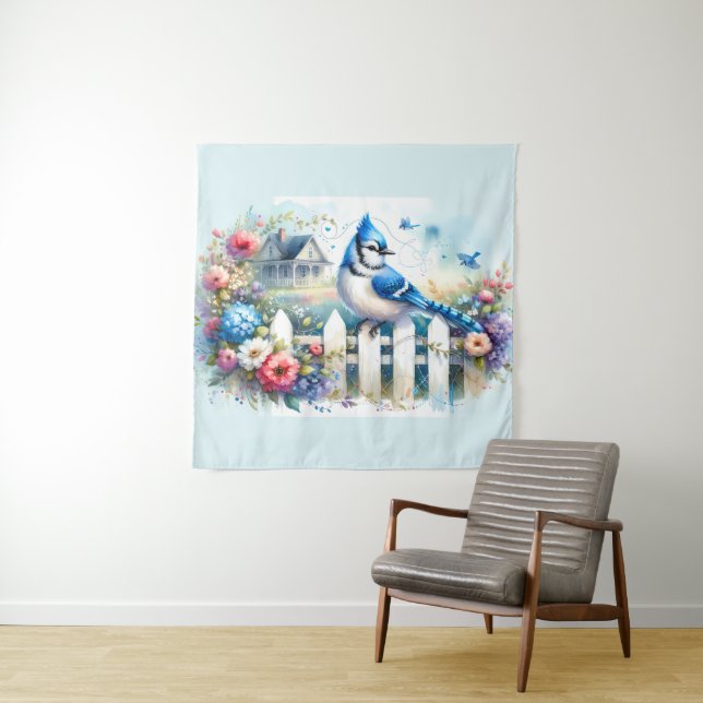 Blue Jay Cottage Garden Fence Scene Wandteppich (Beispiel)