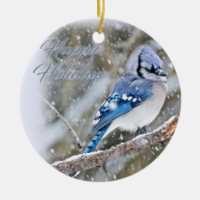 Blue Jay in Snow Christmas Holiday Keramik Ornament (Vorne)
