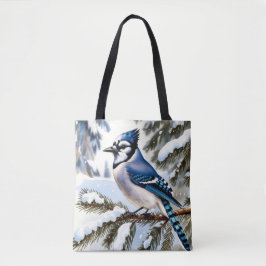 Blue Jay in Snowy Pines Watercolor Winter Tote Bag