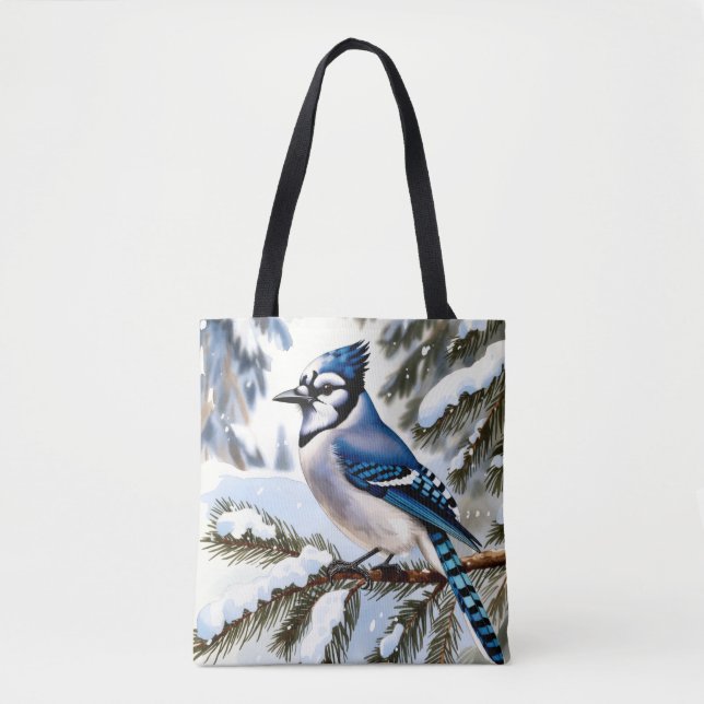 Blue Jay in Snowy Pines Watercolor Winter Tote Bag (Vorderseite)