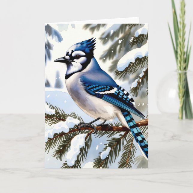 Blue Jay in Snowy Pines Winter Greeting Karte (Vorderseite)