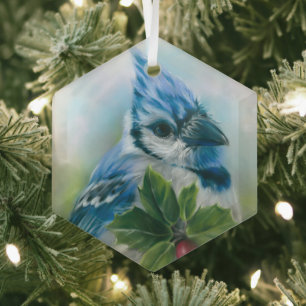 Blue Jay mit Holly Pastel Art Ornament Aus Glas