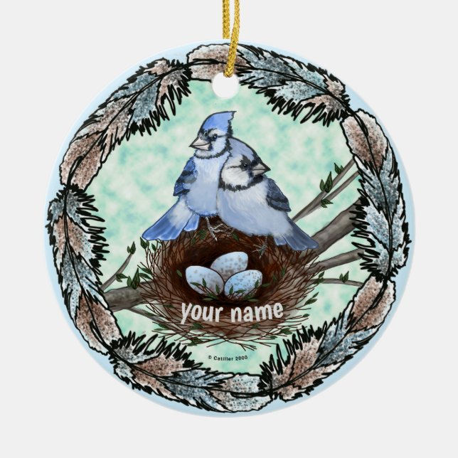 Blue Jay Nest Keramik Ornament (Vorne)