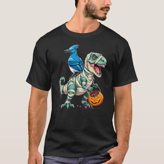 Blue Jay Riding Mummy T-Rex Dinosaur Halloween T-Shirt (Vorderseite)