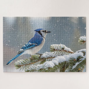 Blue Jay Snow Puzzle - Winter Bird Nature Art