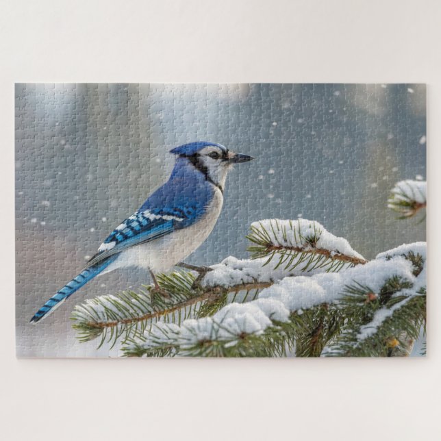 Blue Jay Snow Puzzle - Winter Bird Nature Art (Horizontal)