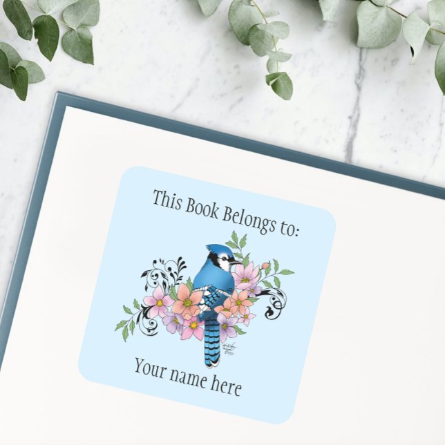 Blue Jay Spring Blumen Buchzeichen Quadratischer Aufkleber (Von Creator hochgeladen)