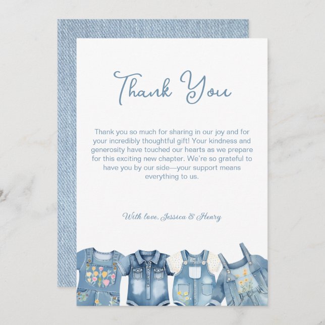 Blue Jean Baby Denim Jumpsuit Baby Shower Dankeskarte (Vorne/Hinten)