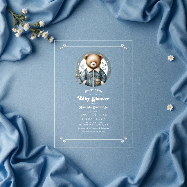 Blue Jean Baby Denim Teddy Bear Baby Shower Acryleinladungen (Blue Jean Baby Denim Teddy Bear Baby Shower Acrylic Invitation)