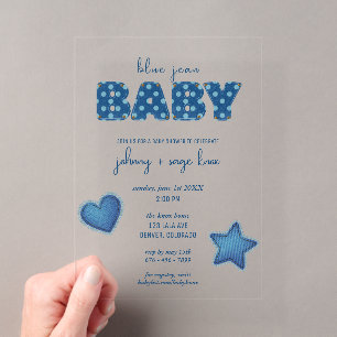 Blue Jean Baby   Moderne Babyparty   Patchwork Acryleinladungen