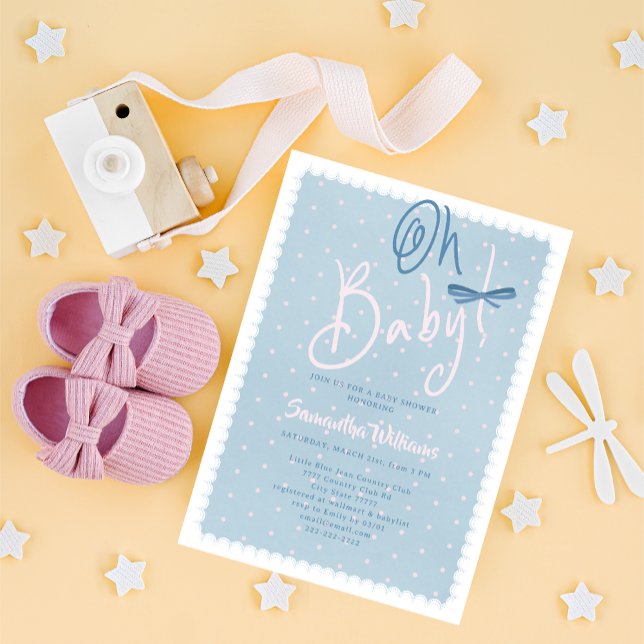 Blue Jean Baby Pink Dots Denim Girl Baby Shower Einladung (Blue Jean Oh Baby Pink Polka Dots Denim Coquette Bow Western Country Girl Baby Shower Invitation)
