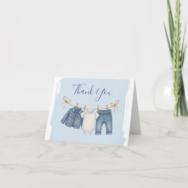 Blue Jean Baby Shower Baby Outfit Dankeskarte (Vorderseite)