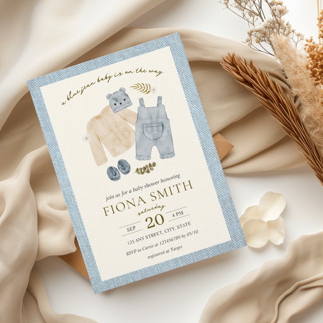 Blue Jean Baby Shower Denim Boy Clothes Einladung (A blue jean baby Denim Boy Baby Shower Invitation Boho Country Vintage Western Little Cowboy)