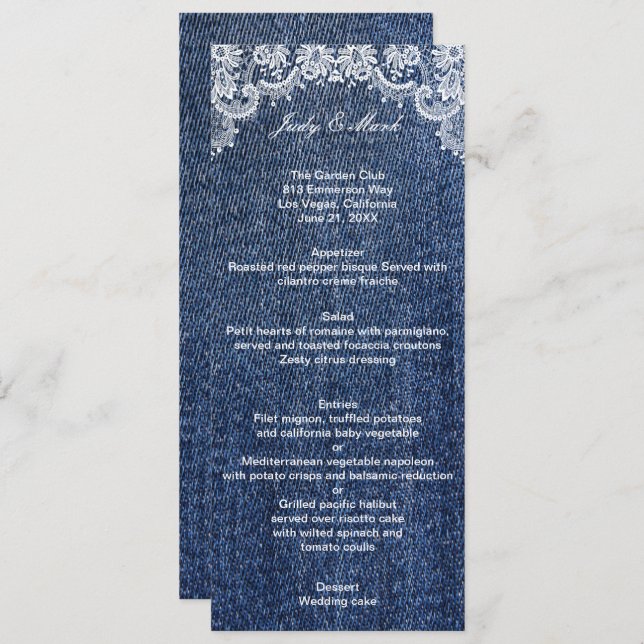 Blue Jean Denim and Lace Wedding Menu Card Menükarte (Vorne/Hinten)