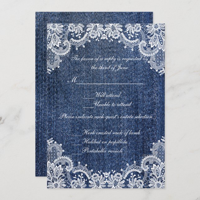Blue Jean Denim and Lace Wedding Response Card Einladung (Vorne/Hinten)