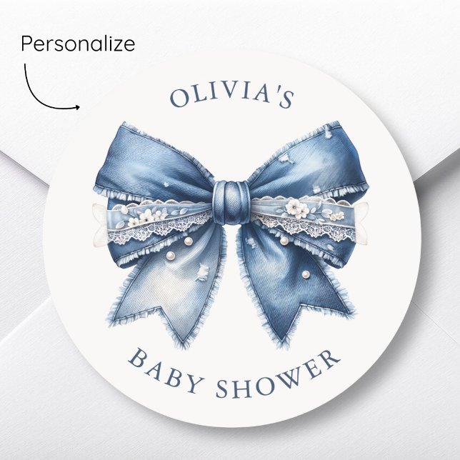 Blue Jean Denim Bow Baby Shower Runder Aufkleber (Von Creator hochgeladen)