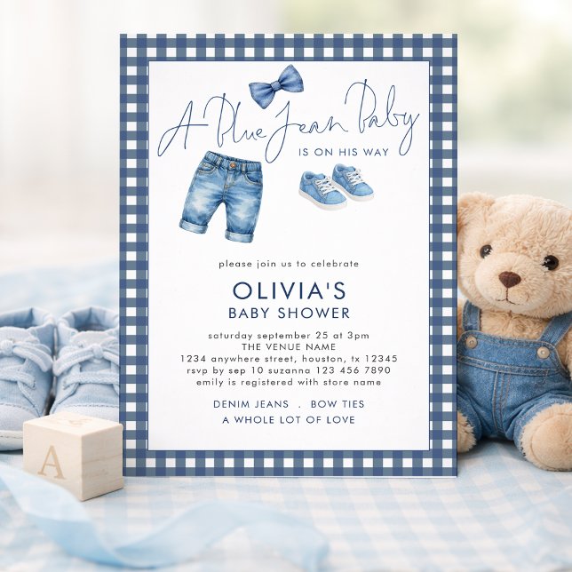 Blue Jean Denim Boy Gingham Baby Shower  Einladung (Von Creator hochgeladen)
