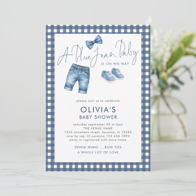 Blue Jean Denim Boy Gingham Baby Shower  Einladung (Stehend Vorderseite)