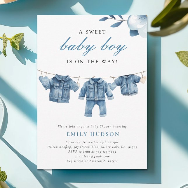 Blue Jean Denim Clothes Boy Baby Shower Einladung (Von Creator hochgeladen)