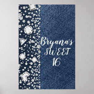 Blue Jean Denim & Diamonds Bling Diamant Party Poster