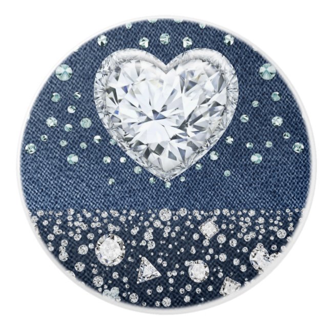 Blue Jean Denim & Diamonds Bling Diamond Herz Keramikknauf (Vorderseite)