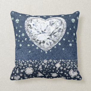Blue Jean Denim & Diamonds Bling Diamond Herz Kissen