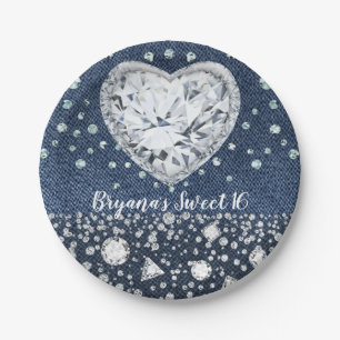 Blue Jean Denim & Diamonds Bling Diamond Herz Pappteller