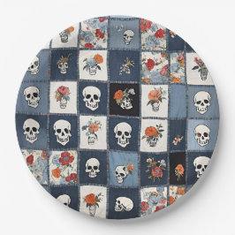 Blue Jean Denim Patchwork Skulls und Florals Pappteller