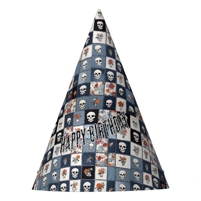 Blue Jean Denim Patchwork Skulls und Florals Partyhütchen (Vorderseite)