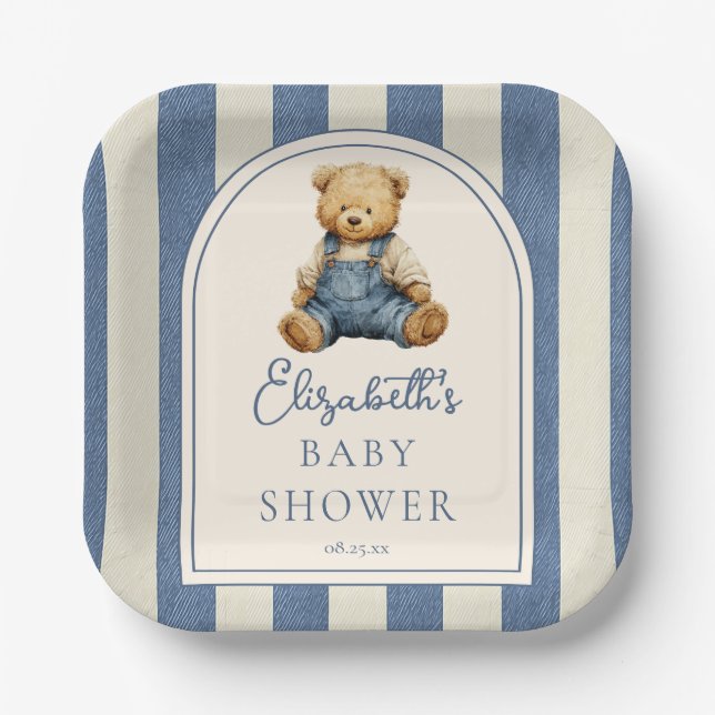 Blue Jean Denim Teddy Bear Baby Shower Pappteller (Vorderseite)