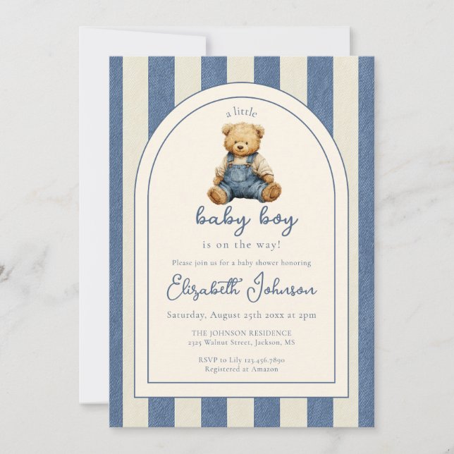 Blue Jean Denim Teddy Bear Boy Baby Shower Einladung (Vorderseite)