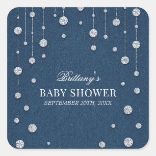 Blue Jean Denim und Diamond Baby Shower Quadratischer Aufkleber