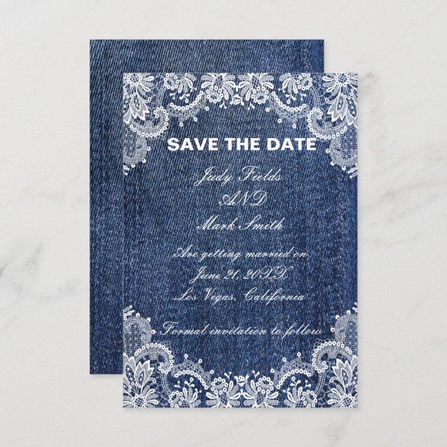 Blue Jean Denim und Lace Save the Date Ankündigung (Vorne/Hinten)