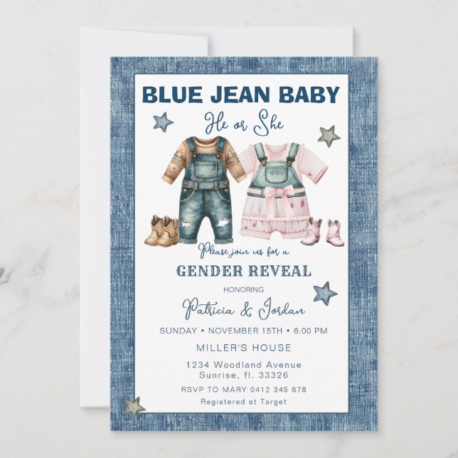 Blue Jean Gender Reveal, He or She  Einladung (Vorderseite)