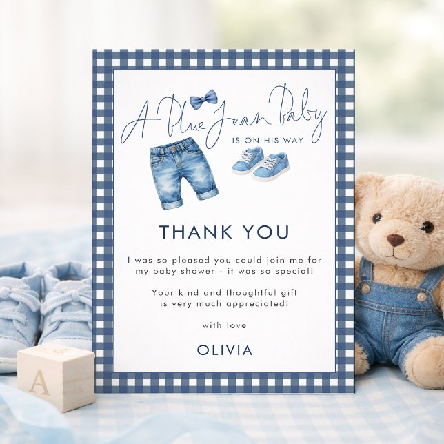 Blue Jean Gingham Thank You Boy Baby Shower  Karte (Von Creator hochgeladen)