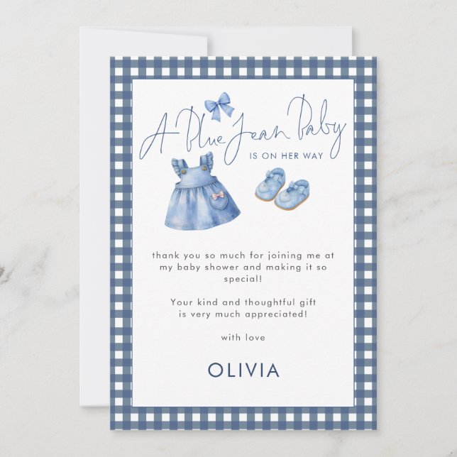Blue Jean Gingham Thank You Girl Baby Shower  Karte (Vorderseite)