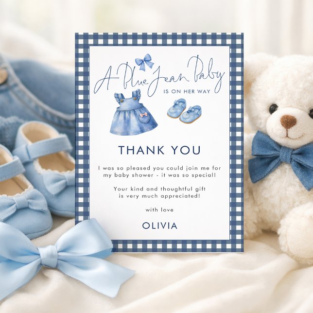 Blue Jean Gingham Thank You Girl Baby Shower  Karte (Von Creator hochgeladen)