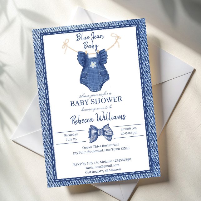 Blue Jean Girls Kleidung auf der Line Baby Dusche Einladung (Blue jean girls clothes on a line baby shower invitation cards template preppy denim baby shower )