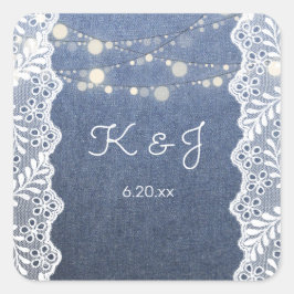 Blue Jean Lace & String Lights Monogram Quadratischer Aufkleber