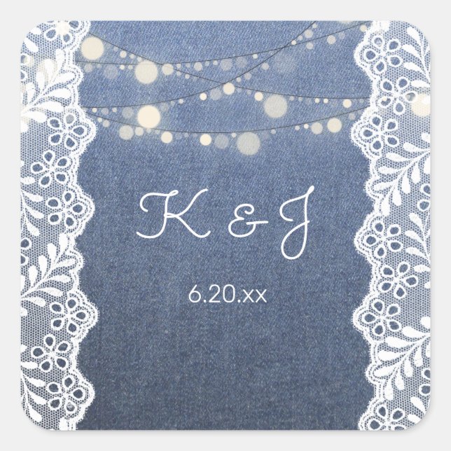 Blue Jean Lace & String Lights Monogram Quadratischer Aufkleber (Vorderseite)