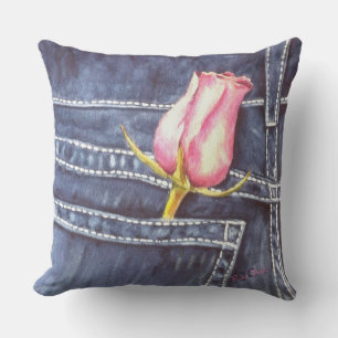 BLUE JEAN POCKET MIT PINK ROSE BUD BLUME PATIENT KISSEN