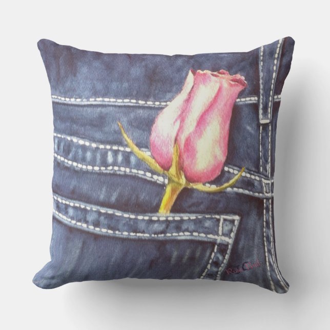 BLUE JEAN POCKET MIT PINK ROSE BUD BLUME PATIENT KISSEN (Vorderseite)