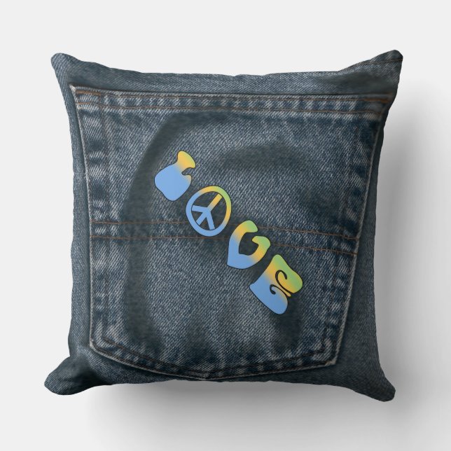 Blue Jean Pocket Peace und Liebe Pillow Kissen (Vorderseite)