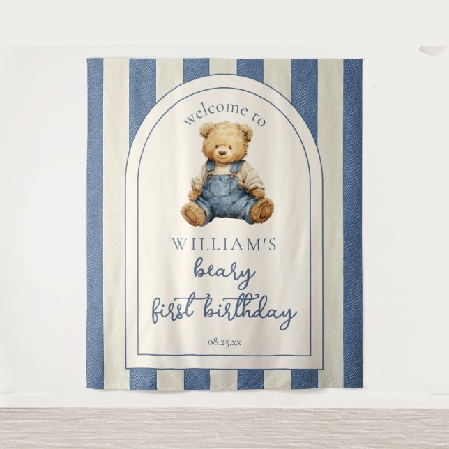 Blue Jean Teddy Bear 1st Birthday Photo Backdrop Wandteppich (Vorderseite)